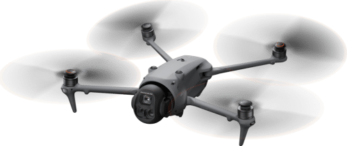 DJI Mavic 4 Pro 512GB Creator Combo (DJI RC Pro 2) - frontaal aanzicht met draaiende propellers
